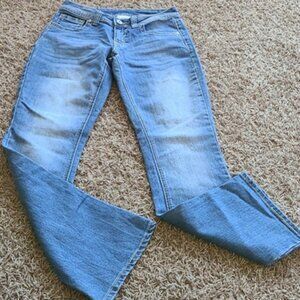 Blue Boot Cut Jeans with Classic Medium Wash and Embroidered Back Pockets Size 4